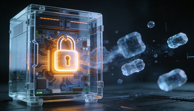 3D render of a translucent holographic server rack projection overlaid with a glowing padlock, drifting holographic data ribbon streams, dark futuristic backdrop, vibrant color scheme, logo-free, high