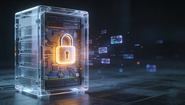 3D render of a translucent holographic server rack projection overlaid with a glowing padlock, drifting holographic data ribbon streams, dark futuristic backdrop, vibrant color scheme, logo-free, high