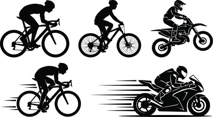 Obraz premium Cycling and Motorcycle Racing Silhouette Icon Set with Road Bike Rider Motocross and Sport Motorbike Speed Action Collection