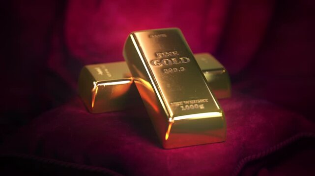 Gold ingots and bars on pink background. 3d animation