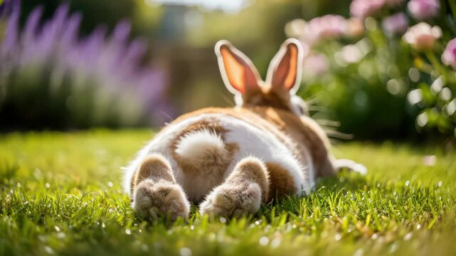 Cute rabbit paws and fluffy bunny tail on green grass in sunny garden, adorable pet rabbit relaxing outdoors, cozy spring nature scene with soft fur, Easter bunny and playful animal mood
