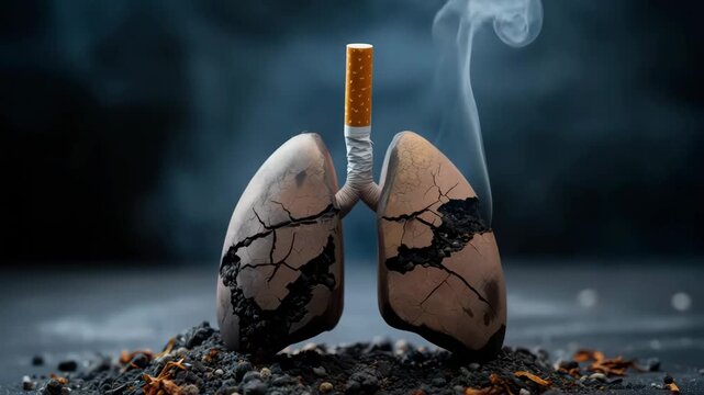 Damaged lungs with burning cigarette symbolizing smoking related disease for World No Tobacco Day, anti smoking awareness campaign about nicotine addiction lung cancer and respiratory health