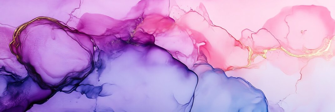 Abstract alcohol ink painting with gold veins pink purple and blue hues fluid art