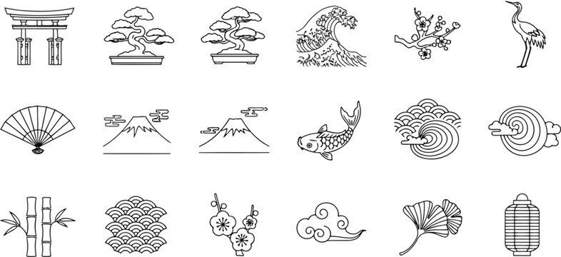Set of japanese traditional icons, vector illustration of oriental culture symbols