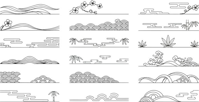 Set of traditional japanese and chinese decorative borders and dividers with floral, cloud, wave, and bamboo patterns