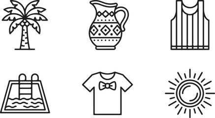 Naklejka premium Set of summer icons featuring palm tree jug clothing pool and sun in simple black line art style