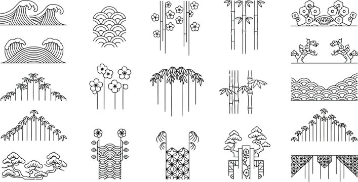 Set of traditional japanese patterns and elements, including waves, bamboo, plum blossoms, and pine trees, isolated on white background