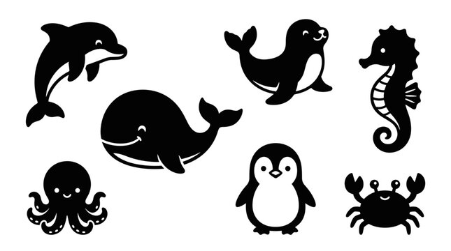 Black silhouettes of sea animals group 1.