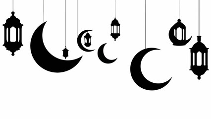 Islamic crescent moon and lantern vector icons, Ramadan symbols, black silhouette illustrations, hanging decorations isolated on White Background vector eps silhouette © LAIJU 
