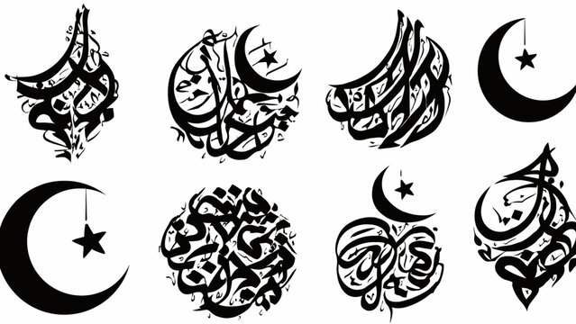 Ramadan, Islamic, crescent moon, Arabic calligraphy, vector icons, 8 elements, black and white isolated on White Background vector eps silhouette