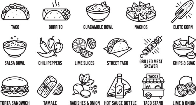 Mexican food icons and ingredients set