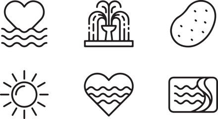 Fototapeta premium Set of black line icons featuring heart shapes, water fountain, potato, sun, and abstract patterns