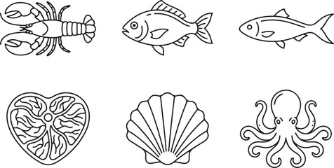 Fototapeta premium Set of black and white line art icons featuring seafood and ocean animals