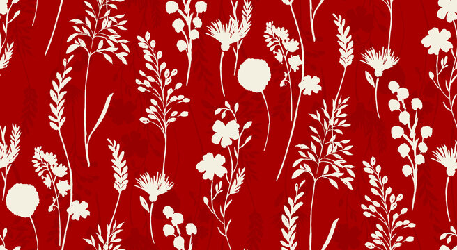 Red background with a Cream unique style flowers working seamless pattern digital all over design Febric Print Textile 