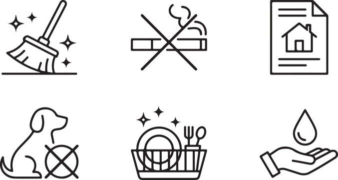 Set of simple black line icons for house rules and domestic cleaning services