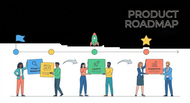 Vector illustration of software product roadmap timeline with team holding key feature cards for launch and expansion.