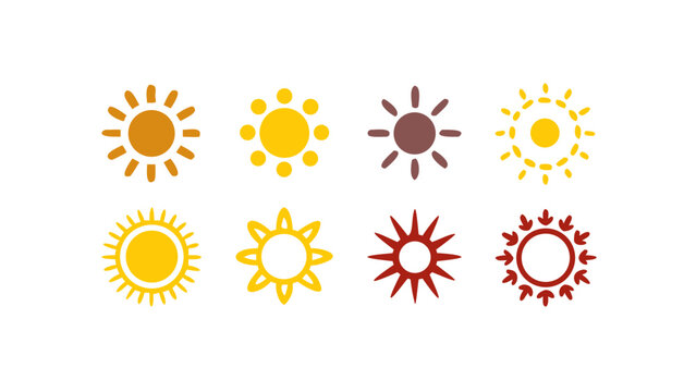Assortment of stylized sun icons in warm colors and patterns with stylized collection illustration abstract isolated background creative