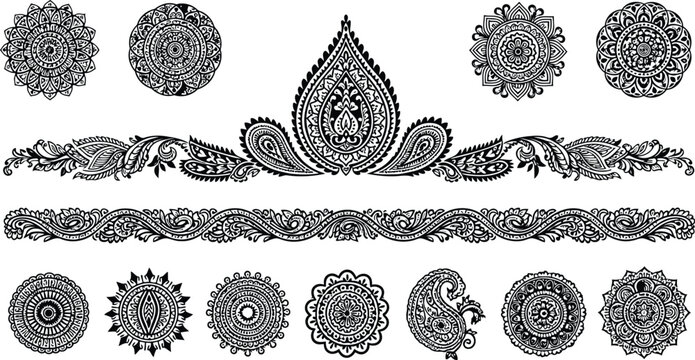 Set of traditional indian henna tattoo elements, mandalas, paisley patterns, and decorative borders isolated on white background