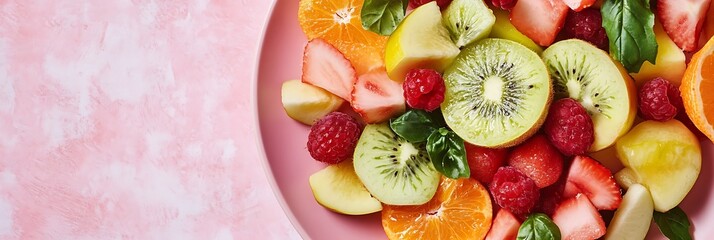 Fresh fruit salad overhead kiwi strawberry mandarin raspberry peach and mint on pink plate