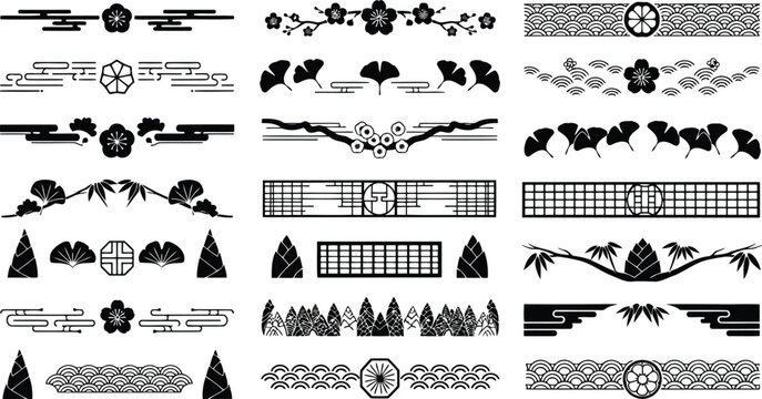Set of traditional japanese decorative borders and dividers with floral and geometric patterns isolated on white background