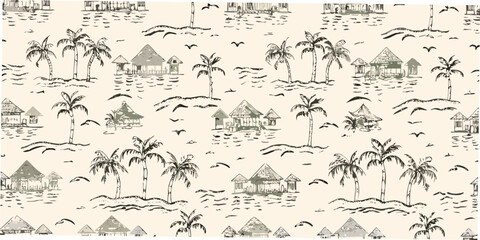 Tropical island pattern with palm trees and huts hand drawn style © Babita