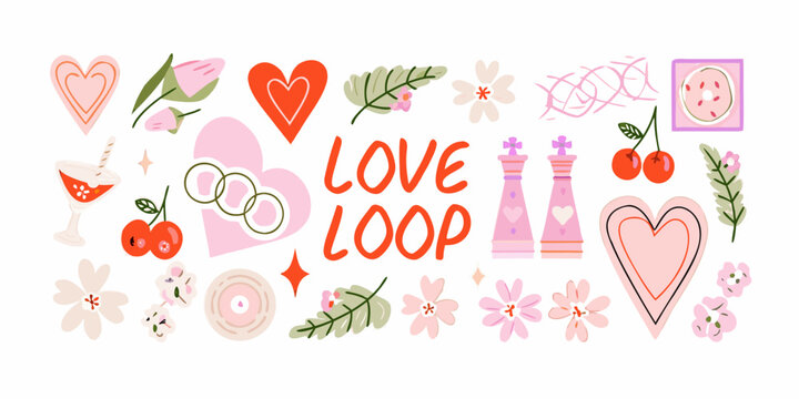 Floral and heart illustration with love loop text hand drawn style