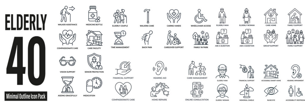 Elderly Editable Stroke Line Icons Cover Vector Template