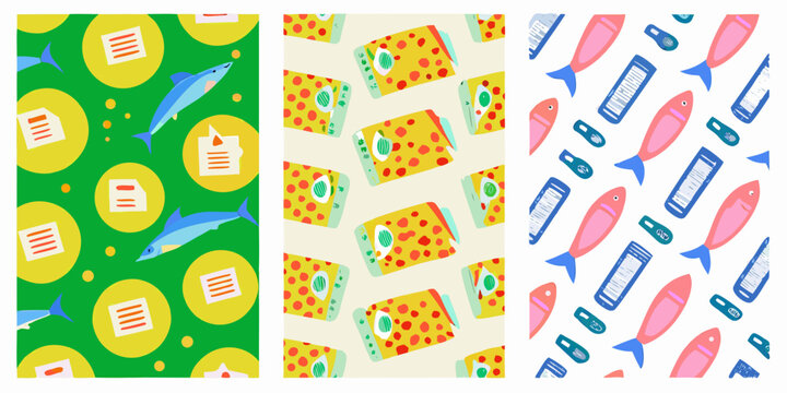 Colorful repeating patterns featuring sushi fish and fried eggs