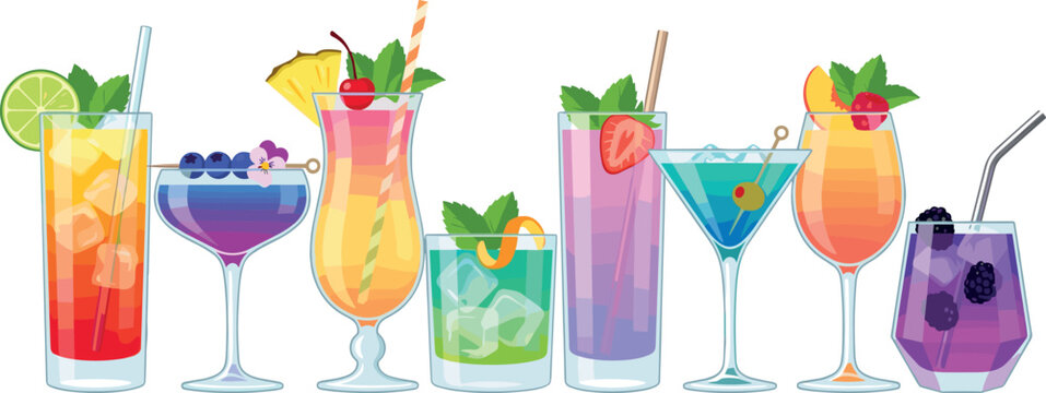 Colorful Tropical Cocktail Collection Featuring Fruity Summer Drinks, Exotic Party Beverages, and Bar Vector Illustration Set