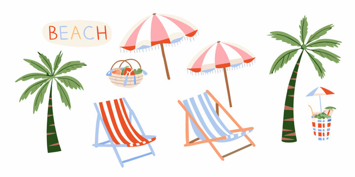 Beach elements illustration with chairs umbrellas and palm trees