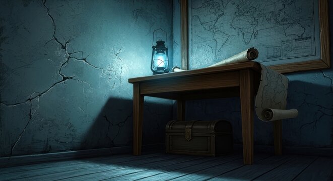 Old rustic wooden desk featuring a vintage lantern and paper maps