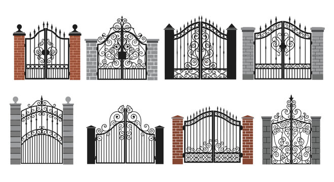 Detailed collection of ornate wrought iron gates with different patterns and stone or brick fence pillars for luxury homes.
