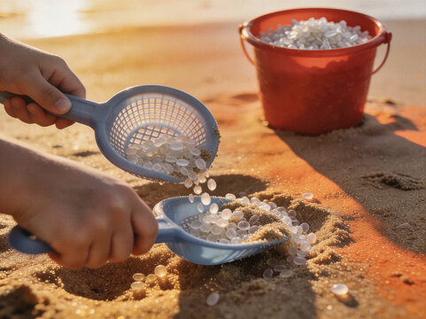 A person is using tools such as sieves and buckets to separate microplastics from the sand; these are often referred to as plastic pellets or microplastics.
