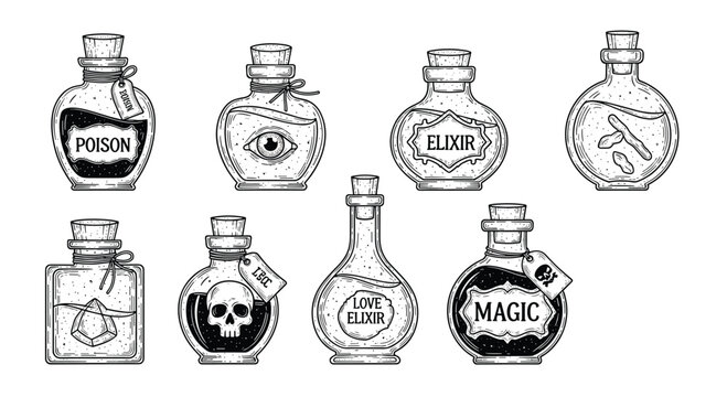Assortment of vintage style magic potion bottles and glass flasks with mysterious labels including poison elixir and magic in a hand drawn style.