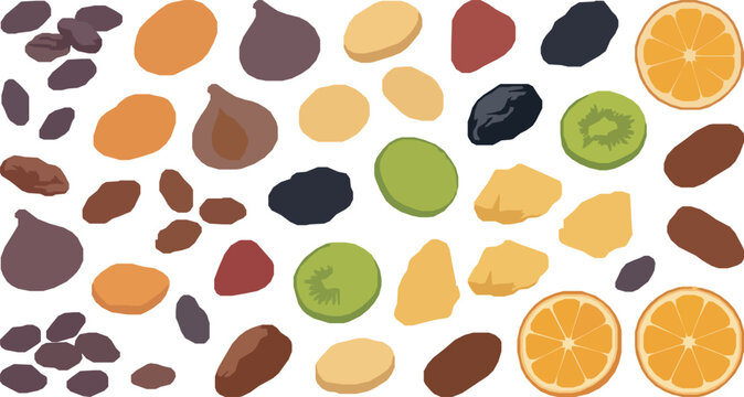 A comprehensive collection of healthy dried fruits featuring raisins figs apricots dates prunes kiwi slices orange segments and various nuts in a clean flat vector illustration style.