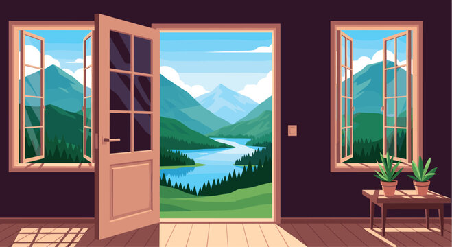 Stunning mountain landscape featuring a winding blue river and green pine forests seen through an open room door and windows in a pixel art style.