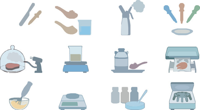 A comprehensive collection of molecular gastronomy kitchen equipment icons featuring a smoking gun centrifuge immersion blender digital scale and chemical tools for modern culinary arts.