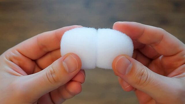 Hands holding two fluffy white balls emphasizing modern aesthetics and minimalist design
