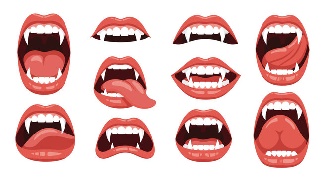 Collection of twelve vampire and monster mouth illustrations with sharp white fangs long red tongues and expressive poses for Halloween.