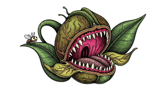 Venus flytrap with open mouth and insect.