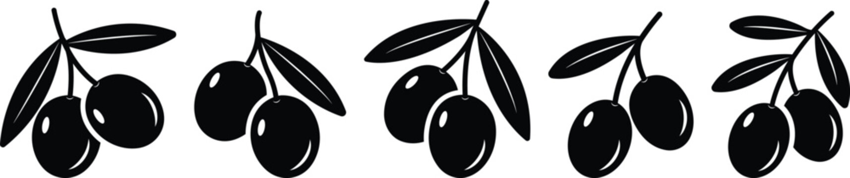 Black olive branch with leaves icons set. Mediterranean botanical foliage elements for food packaging symbol isolated on transparent background. Oil labels vector illustration design