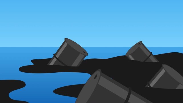 oil pollution the ocean and the sea  barrels and black spots on water surface 2d animation video footage