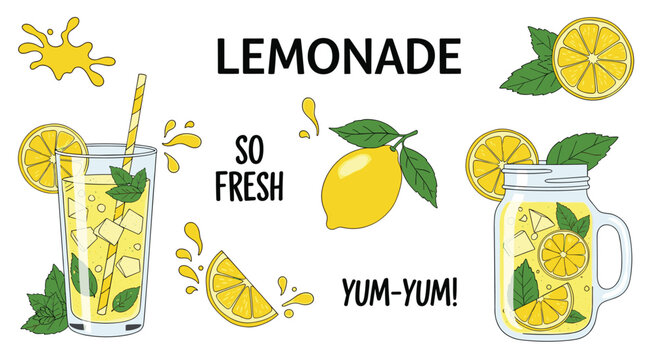 Hand-drawn collection of lemonade elements including glasses, jars, lemon slices, mint leaves, and fresh juice splashes on white.