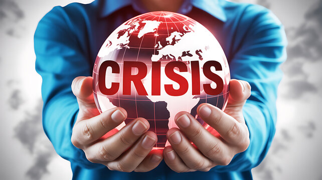 Man holding red globe with crisis text  global crisis concept  person in blue shirt