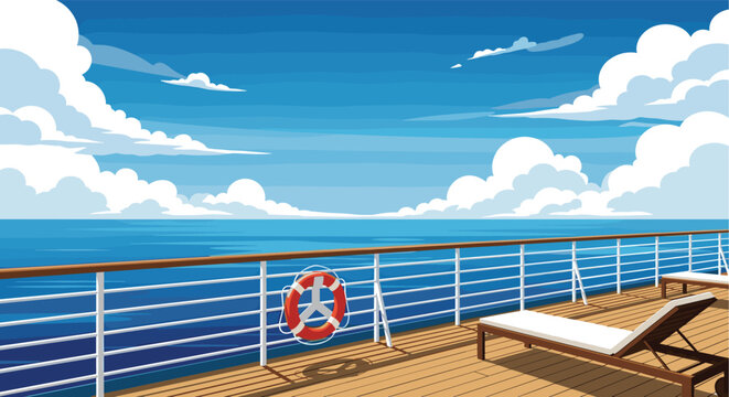 Peaceful view from a cruise ship deck with wooden flooring, sun loungers, a lifebuoy, and a vast blue ocean under a cloudy sky.