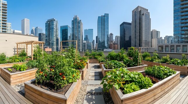 Lush organic vegetable garden with wooden raised beds sits on a sunny urban rooftop overlooking a dense modern city skyline