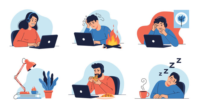 Various illustrations of people experiencing burnout, exhaustion, and multitasking while working remotely from a home office.
