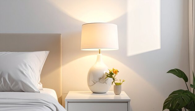 Mockup de l&aacute;mpara mesilla moderna sobre fondo neutro, iluminaci&oacute;n suave, estilo minimalista, espacio en blanco para dise&ntilde;o personalizado	