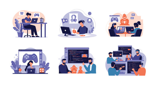 Set of character illustrations showing people engaged in video game development, coding, and designing digital assets in studios.