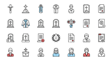 Fototapeta premium Collection of funeral and memorial service icons featuring gravestones, religious symbols, mourning clothes, and memorial flowers.